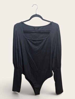 SHEIN Black Ribbed Square Neck Long Puff Sleeve Bodysuit - Size XL